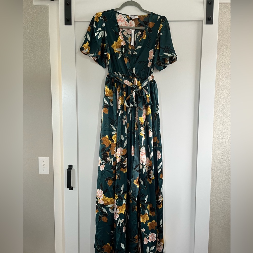 Sicily Satin Maxi Dress | Dark Green Floral, Small